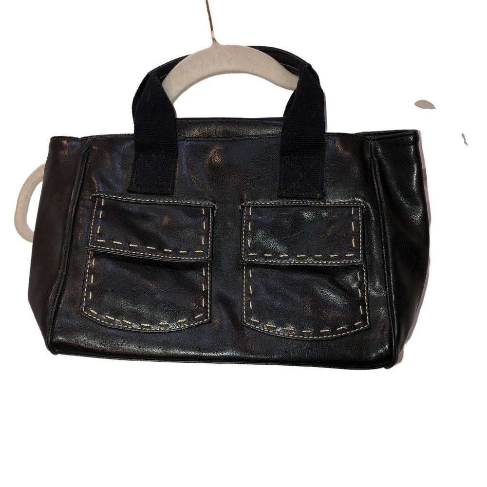 tommy hilfiger black leather contrast stitching pockets hand bag EUC